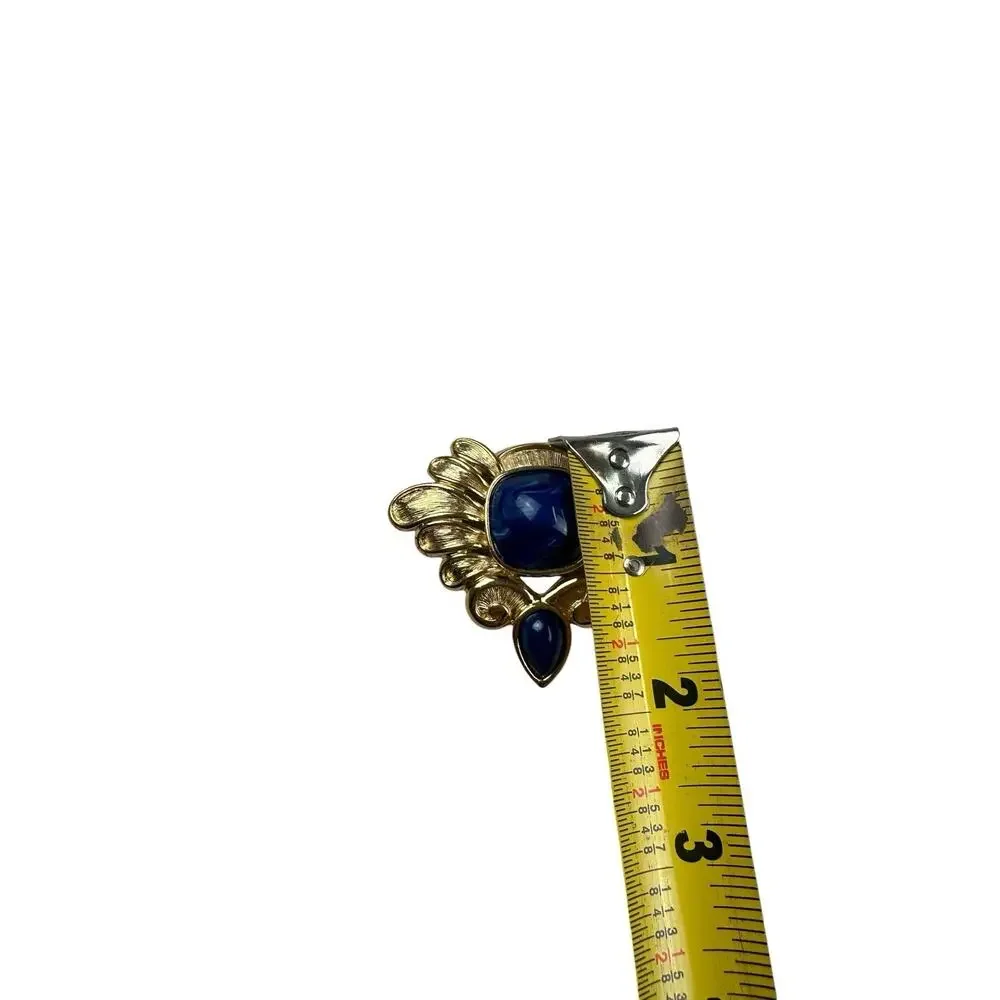 Vintage TRIFARI Signed Faux Lapis Lucite Blue Brushed Gold Tone Brooch 1980s